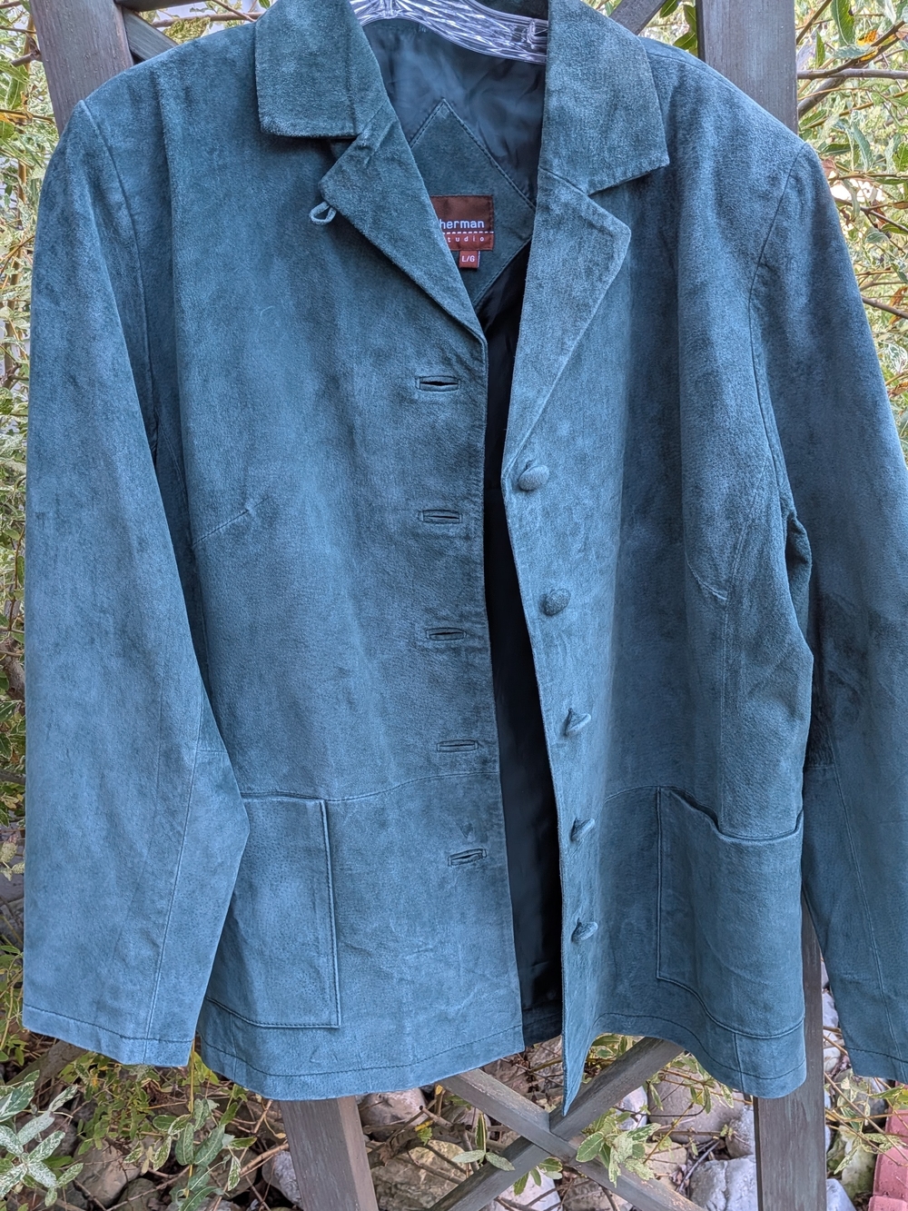 Stan Herman Studio Green Suede Leather Jacket L Vintage Button Front